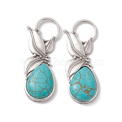 Synthetic Turquoise Big Pendants, Teardrop Charms, with Rack Plating Leaf Alloy Findings, Antique Silver, 58x22x8mm, Hole: 14mm(PALLOY-D013-22AS)