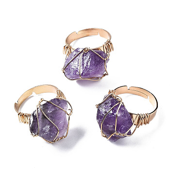 Adjustable Natural Amethyst Finger Rings, with Light Gold Brass Findings, Nuggets, US Size 8 1/4(18.3mm)