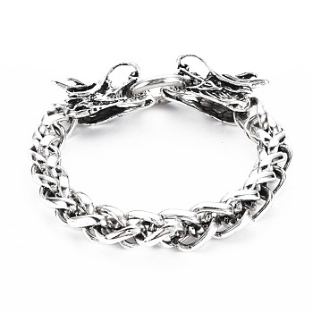 Men's Alloy Wheat Chain Bracelet, with Spring Gate Rings, Dragon, Antique Silver, 3/8 inch(1.1cm), Inner Diameter: 2-3/8 inch(6cm)