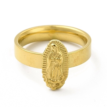 Vacuum Plating 304 Stainless Steel Oval with Virgin Mary Finger Ring for Women, Golden, US Size 6(16.5mm)