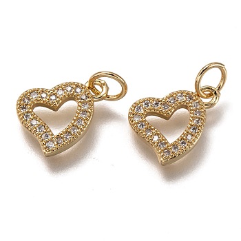 Brass Micro Pave Clear Cubic Zirconia Charms, Cadmium Free & Lead Free, Long-Lasting Plated, Heart, Golden, 9x12x2mm, Hole: 3mm