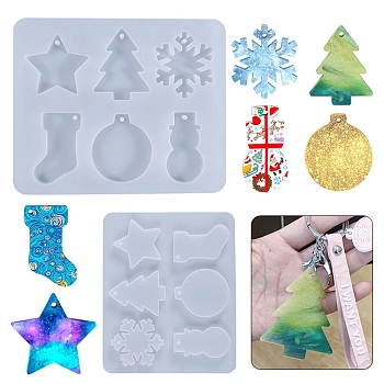 Christmas Silicone Pendants Molds, Resin Casting Molds, For DIY UV Resin, Epoxy Resin Jewelry Making, Star, Chrismtas Tree, Snowflake, Socks, Snowman, Bell, White, 245x202x15mm, Hole: 5mm