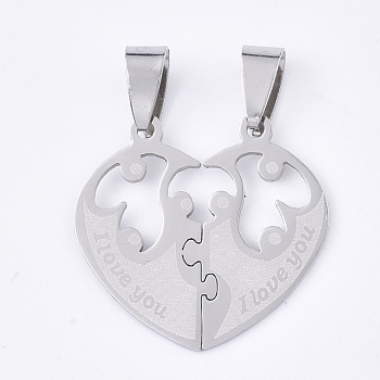 201 Stainless Steel Split Pendants, for Lovers, Heart with Heart, with Lovers & Word I Love You, For Valentine's Day, Stainless Steel Color, 26x27.5x1mm, Hole: 8x4mm