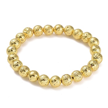 Electroplated Natural Lava Rock Beads Stretch Bracelets, Long-Lasting Plated, Round, Golden Plated, 2-1/4 inch(5.6cm), Bead: 8.5~9mm