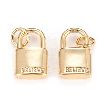 Brass Charms, Inspirational Message Charms, with Jump Rings, Long-Lasting Plated, Lock with Word Believe, Real 18K Gold Plated, 13.8x8.3x3.1mm, Hole: 3.4mm