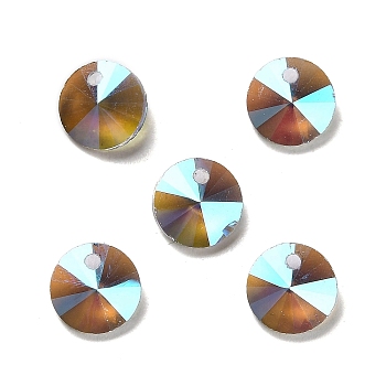100Pcs Transparent Glass Pendnats, Faceted Flat Round Charms, Sienna, 8x4mm, Hole: 1.2mm