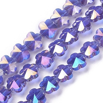 Electroplate Glass Beads Strands, Faceted, Flower, AB Color Plated, Medium Purple, 9.5~10x6~6.5mm, Hole: 1mm, about 25pcs/strand, 9.25 inch(23.5cm)