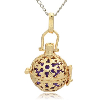 Golden Tone Brass Hollow Round Cage Pendants, with No Hole Spray Painted Brass Ball Beads, Blue Violet, 35x25x21mm, Hole: 3x8mm