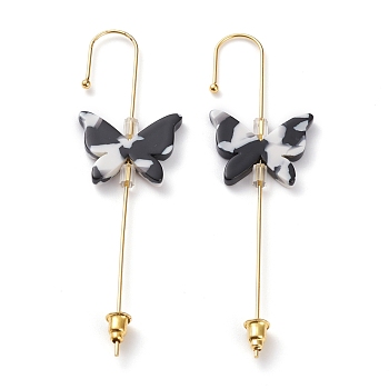Brass Ear Wrap Crawler Hook Earrings, with Cellulose Acetate(Resin) and Ear Nuts, 
Butterfly, Golden, Black, 71.5mm, Pin: 0.8mm