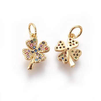 Brass Micro Pave Cubic Zirconia Charms, Four Leaf Clover, Colorful, Golden, 12x8x2.5mm, Hole: 3mm