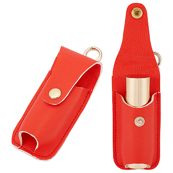 PU Leather Lipstick Storage Bags, Portable Lip Balm Organizer Holder for Women Ladies, with Light Gold Tone Alloy Keychain, Rectangle, Orange Red, 10.9cm