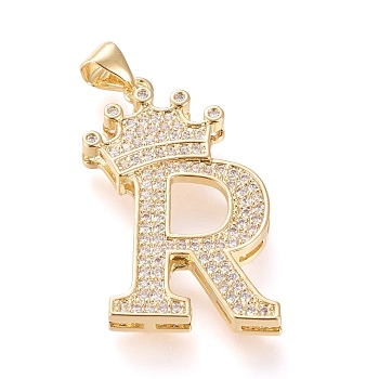 Brass Micro Pave Cubic Zirconia Pendants, Long-Lasting Plated, with Snap on Bail, Letter.R with Crown, Real 18K Gold Plated, Clear, Letter.R, R: 29x17x4mm, Hole: 3x4mm