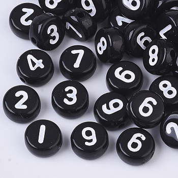 Opaque Acrylic Beads, Flat Round with Number, Black, 7x3.5mm, Hole: 1.2mm, about 4000pcs/500g.