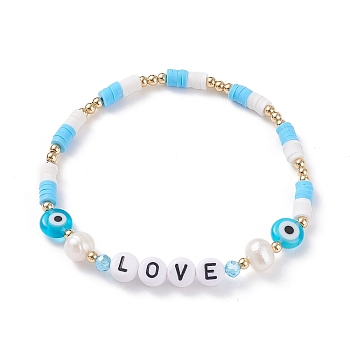 Love Word Acrylic & Heishi Polymer Clay Beaded Stretch Bracelets, Evil Eye Lampwork Beads Bracelets for Women, Cyan, Inner Diameter: 2-1/8 inch(5.5cm)
