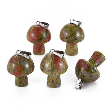 Natural Unakite Pendants, with Stainless Steel Snap On Bails, Mushroom Shaped, 24~25x16mm, Hole: 5x3mm