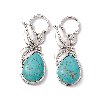 Synthetic Turquoise Big Pendants, Teardrop Charms, with Rack Plating Leaf Alloy Findings, Antique Silver, 58x22x8mm, Hole: 14mm