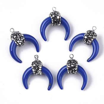 Resin Pendants, with Alloy Loop and Polymer Clay Rhinestone, Crescent/Double Horn, Platinum, Blue, PP13(1.9~2mm), 21~22x18.5x8.5~10.5mm, Hole: 1.4~1.6mm