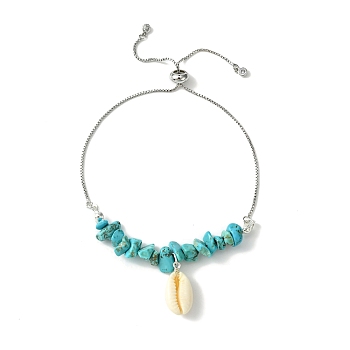 Natural Shell Charms Slider Bracelet, Synthetic Turquoise Chips Beaded Bracelet with Brass Chains, 12-5/8 inch(32cm)