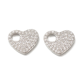 Brass Micro Pave Cubic Zirconia Charms, Lead Free & Cadmium Free, Heart, Real Platinum Plated, 12.5x14x2mm, Hole: 4mm