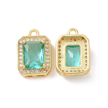 Octagon Rectangle Brass Micro Pave Cubic Zirconia Charms, Cadmium Free & Nickel Free & Lead Free, Real 18K Gold Plated, Medium Aquamarine, 14x9.5x5mm, Hole: 1.5mm
