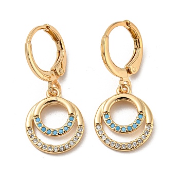Real 18K Gold Plated Brass Dangle Leverback Earrings, with Cubic Zirconia, Ring, Deep Sky Blue, 27.5x12mm
