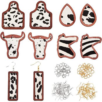 Olycraft DIY Cow Pattern Earring Making Kit, Including Horse & Cow & Bottle & Rectangle Cowhide Leather Big Pendants with Wood, Brass Earring Hooks, Coconut Brown, 90Pcs/box