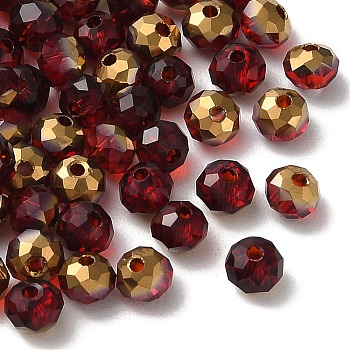 Transparent Electroplate Glass Beads, Half Golden Plated, Faceted, Rondelle, FireBrick, 4.3x3.7mm, Hole: 1mm, 500pcs/bag