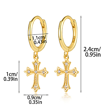 925 Sterling Silver Micro Pave Cubic Zirconia Dangle Hoop Earrings, Cross, with 925 Stamp, Golden, 24mm