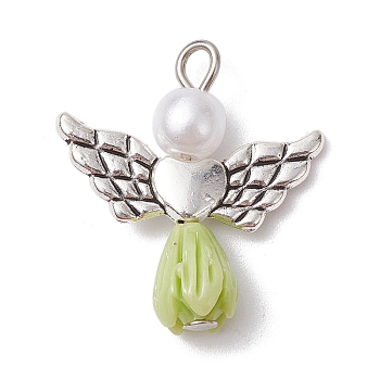 Resin Imitation Pearl Pendants, Rose Angel Charms with Antique Silver Plated Alloy Heart Wings, Yellow Green, 23.5~24x21.5x7mm, Hole: 1.8~2.2mm