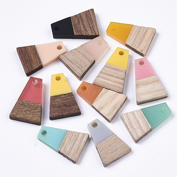 Resin & Wood Pendants, Waxed, Trapezoid, Mixed Color, 18x12.5x3~4mm, Hole: 2mm