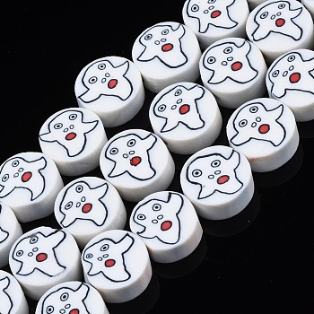 Handmade Polymer Clay Bead Strands, Halloween Style, Flat Round with Ghost, White, 8~10x4mm, Hole: 1mm, about 40pcs/strand, 14.76 inch(36cm)