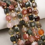 Natural Multicolor Rutilated Quartz Beads Strands, Faceted Table Cut Cube Beads, with Seed Beads, 8.5~9x8.5~9x8~8.5mm, Hole: 0.8mm, about 33pcs/strand, 14.61''~14.84''(37.1~37.7cm)(G-Z147-A03-03)