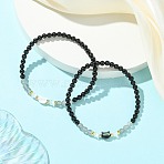 2Pcs Natural Selenite & Labradorite & Black Tourmaline & Shell Beaded Stretch Bracelets, Cat Charm Bracelet Set for Women Men, Inner Diameter: 2.19~2.22 inch(5.55~5.65cm)(BJEW-JB13830)