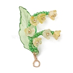 Copper Wired Glass Pendants, Flower Charm, with Acrylic Leaf & Seed Beads, Champagne Yellow, 35.5x22x10mm, Hole: 2.5mm(PALLOY-MZ01200-01)