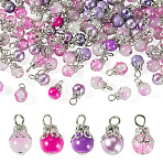 100Pcs Mixed Styles Glass Pendants, Round, with Iron Bead Caps and Flat Head Pins Loop, Purple, 16x8.5mm, Hole: 0.5mm(PALLOY-TADJ00010)