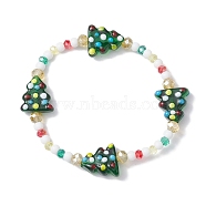 Round & Christmas Tree Glass Beaded Stretch Bracelets for Women, Colorful, Inner Diameter: 2-3/8 inch(6cm)(BJEW-TA00503)