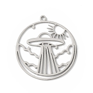 304 Stainless Steel Pendants, Hollow, Flat Round with UFO Charm, Stainless Steel Color, 27x24.5x0.9mm, Hole: 1.4mm(STAS-K250-06P)