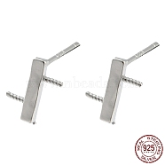 Rhodium Plated 925 Sterling Silver Rectangle Stud Earring Findings, for Half Drilled Beads, with S925 Stamp, Real Platinum Plated, 8.5x7mm, Pin: 10X0.7mm and 0.7mm(STER-Q192-04P)