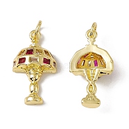 Rack Plating Brass Micro Pave Cubic Zirconia Pendants, with Jump Ring, Real 18K Gold Plated, Long-Lasting Plated, Cadmium Free & Nickel Free & Lead Free, Table Lamp Charm, Medium Violet Red, 21.5x12x6.5mm, Jump Ring: 5x0.9mm, Inner Diameter: 3.2mm(KK-C007-19G)