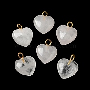 Natural Quartz Crystal Pendants, Rock Crystal Pendants, Heart Charms with Golden Plated Brass Loops, 15~15.5x12~12.5x4.5~5.5mm, Hole: 2mm(G-E603-01G-10)