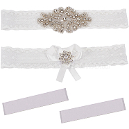Lace Elastic Bridal Garters, with Rhinestone and Flower Pattern, Wedding Garment Accessories, White, 1-3/8 inch(35mm)(OCOR-WH0020-05)
