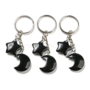 Reiki Natural Obsidian Moon & Star Pendant Keychains, with Iron Keychain Rings, 7.8cm(KEYC-P015-02P-01)