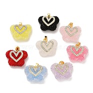 Butterfly with Heart Shape Resin & Rhinestone Pendant, with Rack Plating Golden Brass Findings, Long-Lasting Plated, Mixed Color, 21x24x10mm, Hole: 6x3mm(KK-C037-15G)