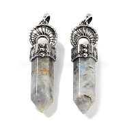 Natural Labradorite Pointed Big Pendants, Faceted Bullet Charms with Rack Plating Antique Silver Plated Alloy Horn, 61~62x17.5x16mm, Hole: 7x6.5mm(G-Q163-02AS-07)