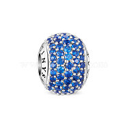 TINYSAND Rondelle Rhodium Plated 925 Sterling Silver European Beads, Large Hole Beads, with Pave Setting Blue Cubic Zirconia, Platinum, 12.6x9.39x12.22mm, Hole: 4.29mm(TS-C-025)