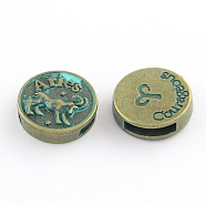 Antique Bronze & Green Patina Plated Flat Round Zinc Alloy Slide Charms, with Constellation/Zodiac Sign, Cadmium Free & Nickel Free & Lead Free, Aries, 17~18x5mm, Hole: 11x3mm(X-PALLOY-Q307-12-NR)