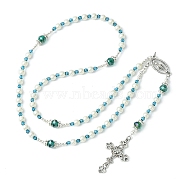 Glass Pearl Rosary Bead Necklace, Alloy Cross & Virgin Mary Pendant Necklace, Green, 24.41 inch(62cm)(NJEW-TA00082-02)