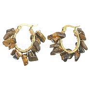 Natural Tiger Eye Chips Braided Hoop Earrings, 304 Stainless Steel Wire Wrap Jewelry for Women, 25~27x28~33x7~9mm, Pin: 0.6mm(EJEW-JE04940-07)