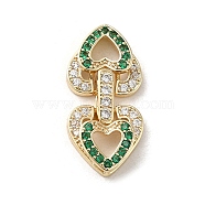 Brass Micro Pave Cubic Zirconia Fold Over Clasps, Heart, Real 18K Gold Plated, Green, 29x14x4.5mm(KK-H455-53G-04)
