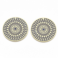 Brass Enamel Pendants, Etched Metal Embellishments, Matte Gold Color, Flat Round with Flower, Midnight Blue, 40x0.3mm, Hole: 1.4mm(X-KK-N223-16A)